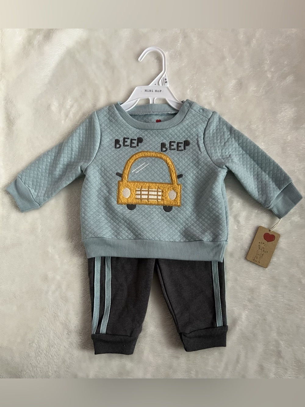 NWT 9 Month Mini Hop Blue Gray Beep Beep Car 2 Piece Baby Outfit Set